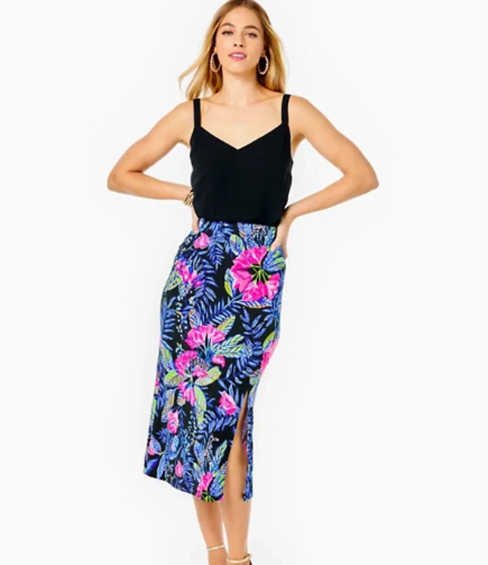 Lilly Pulitzer Skirt Womens Medium Cory Midi Onyx Jaguar Jungle Print Rayon Blue